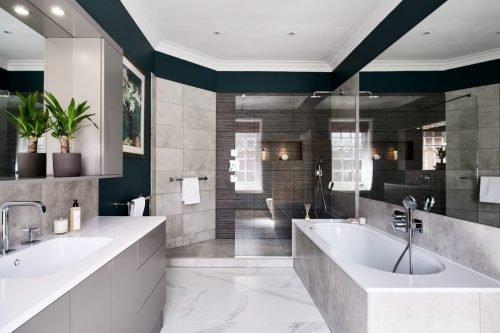 Whiteand+Grey+bathroom+with+basin,+Bathtub+and+Walk-in+shower